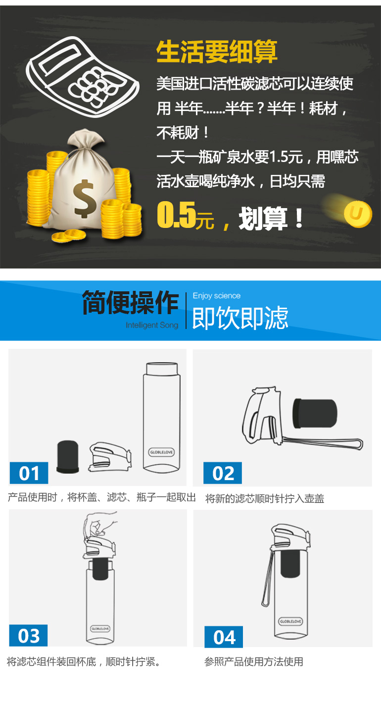 愛地球嘿寶活性炭過濾凈水杯學(xué)生運(yùn)動水壺直飲弱堿性水小口便攜