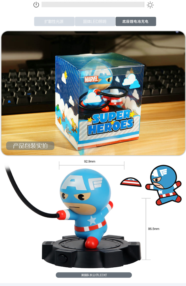 漫威正版 美國隊(duì)長公仔LED燈 鋰電池充電小夜燈 男生禮物圣誕新年 上海禮物