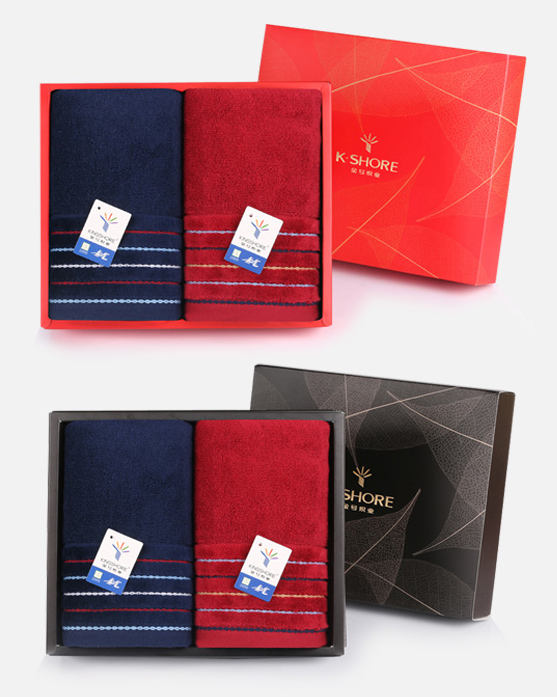 金號(hào)真彩毛巾仲峡、面巾二條禮盒裝（深藍(lán)/紅）